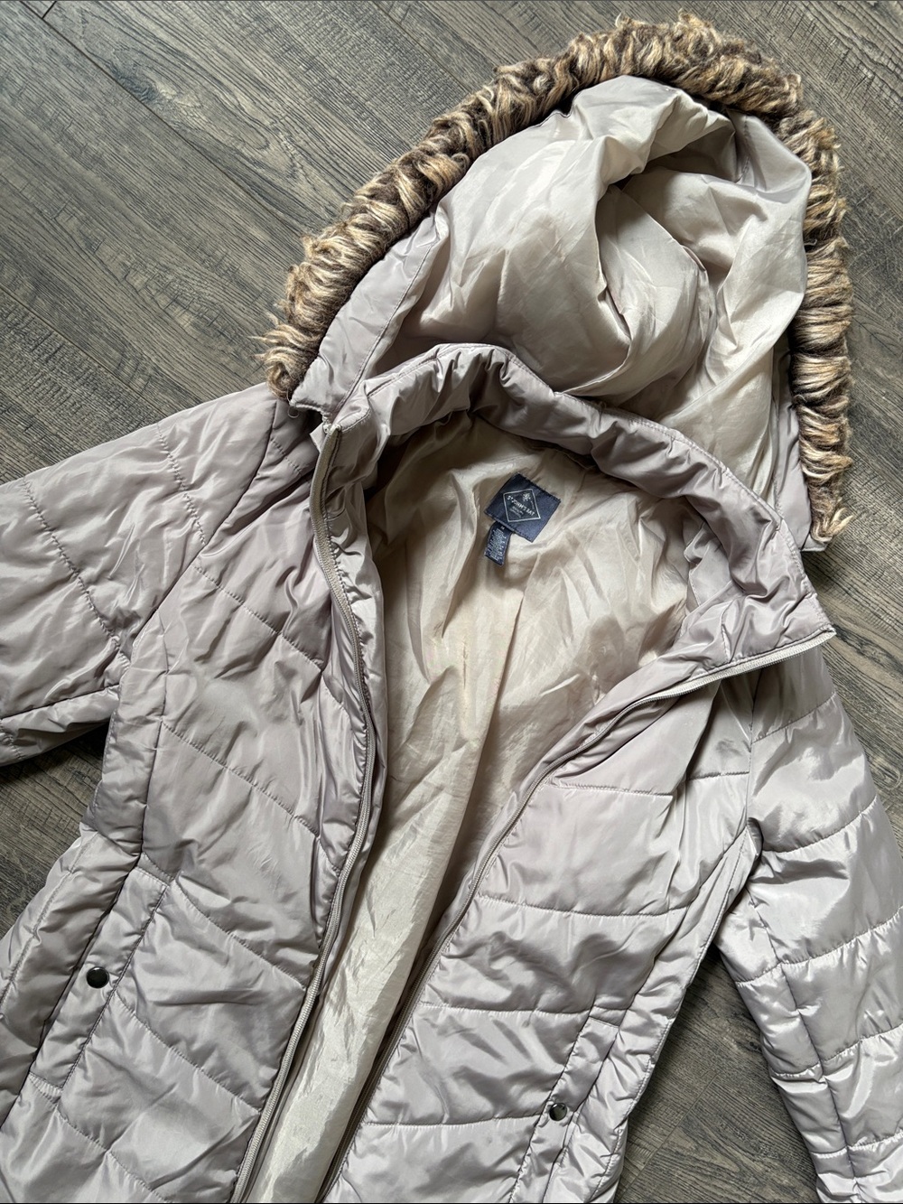 St. John's Bay Hooded Puffer Coat in Light Taupe with Faux-Fur Trim